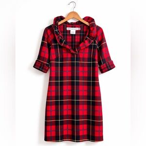 Gretchen Scott Plaidly Red Plaid Ruffle Neck Dress XSmall Holiday EUC